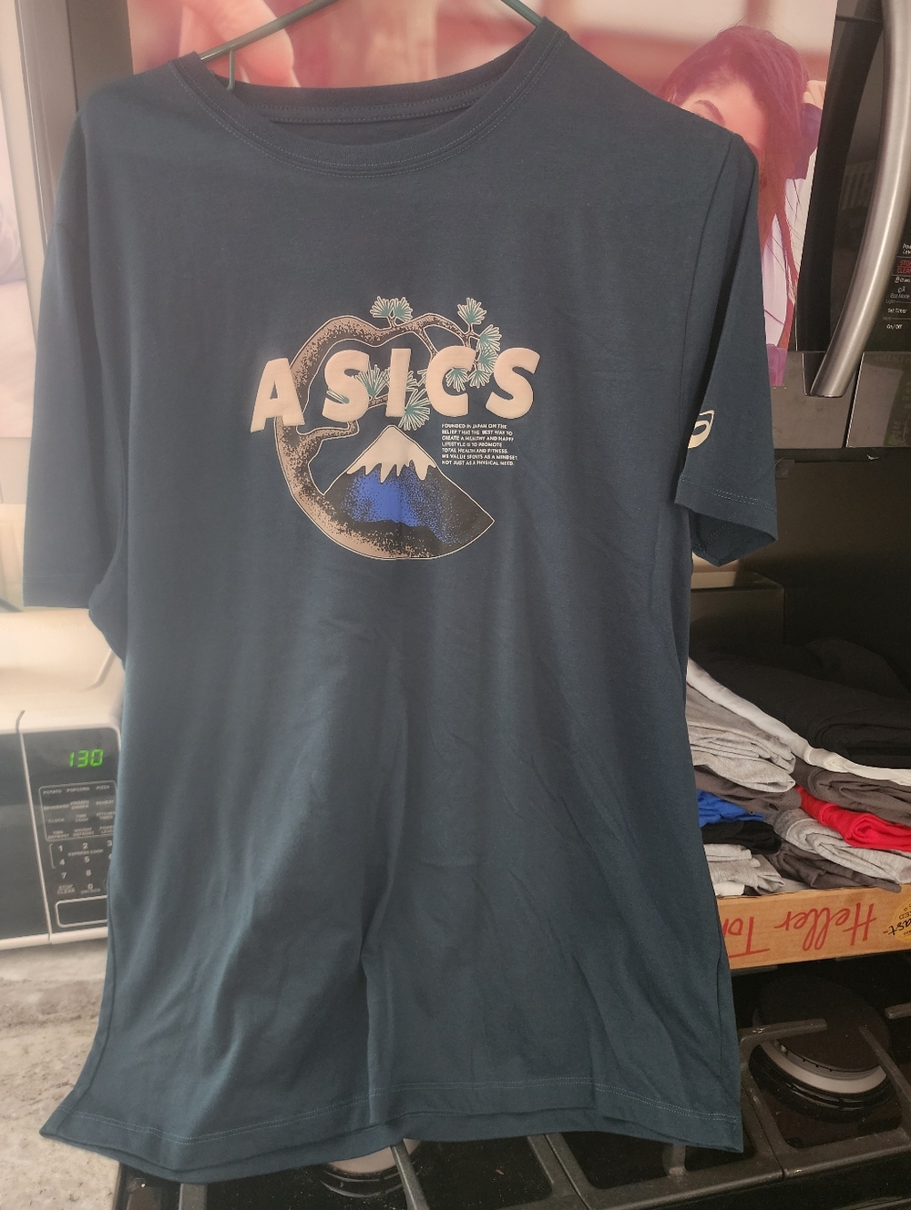 Asics Navy Blue Graphic Logo Tee with Cream Print